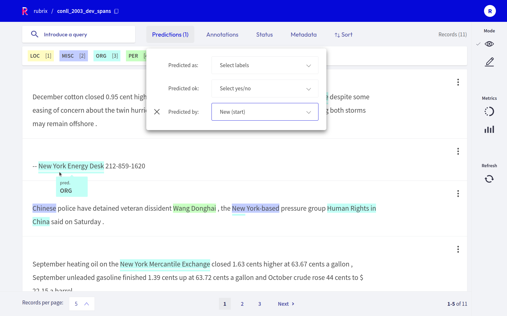 Visualization of the Metadata doc index field in Rubrix